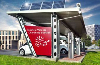Electric vehicles at a solar charging station